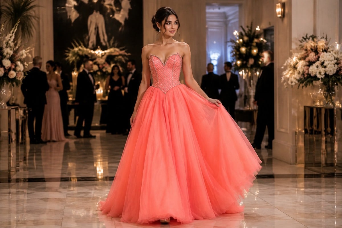 Coral strapless prom ball gown with sparkling rhinestones