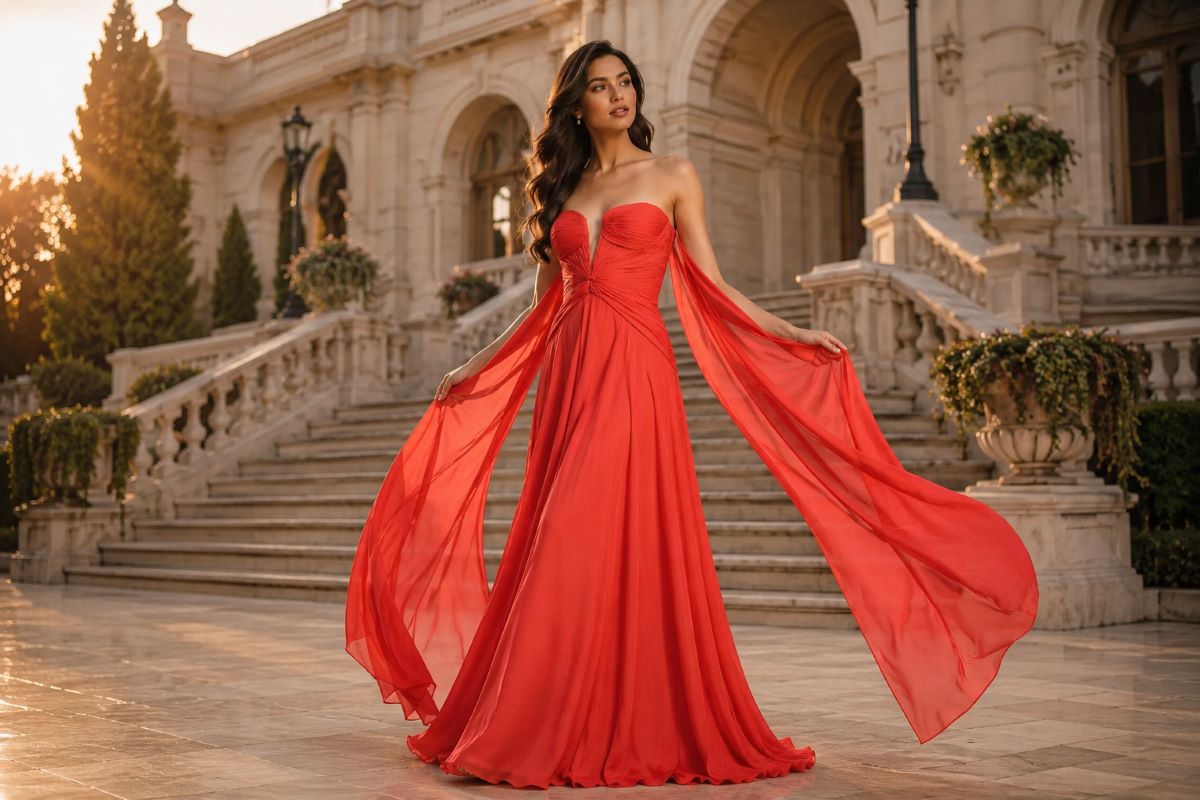 Coral red chiffon graduation gown with flowing draped panels