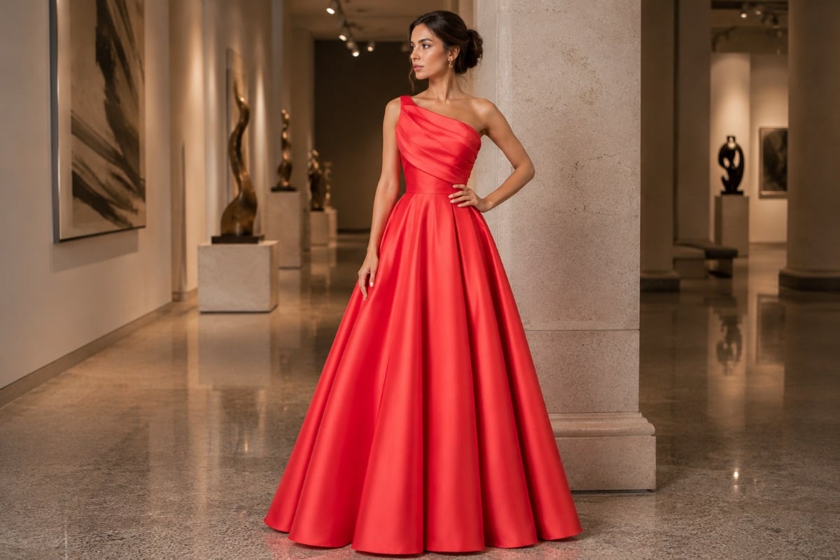 Coral satin fit and flare gown