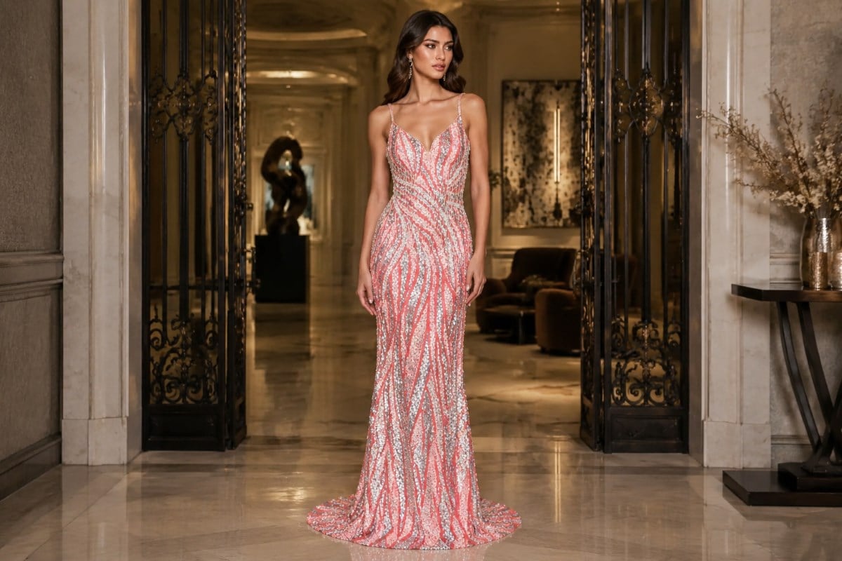 Coral sequin spaghetti strap gown editorial look