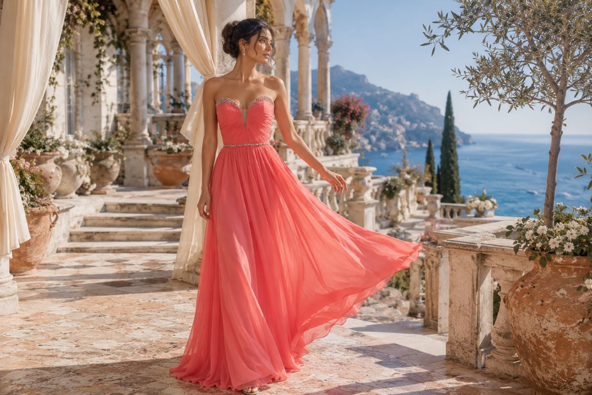 Coral strapless sweetheart chiffon evening gown