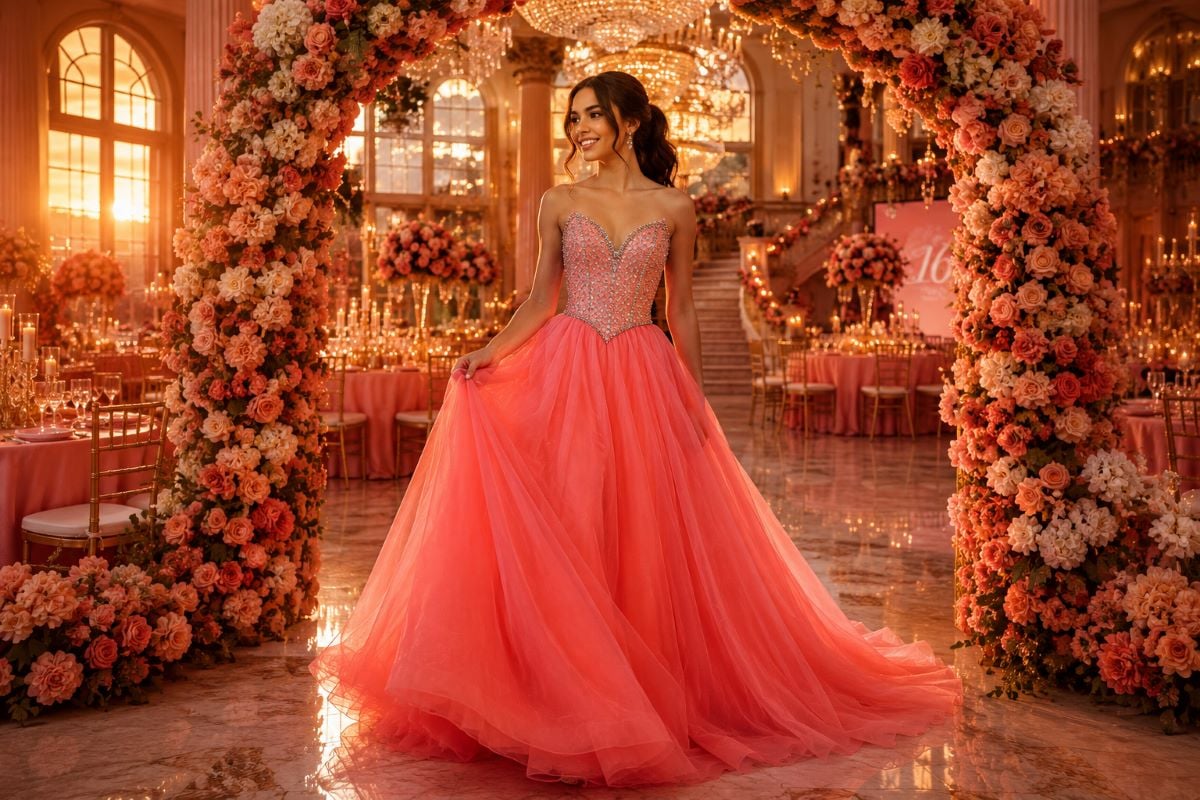 Coral Sweet 16 princess ball gown