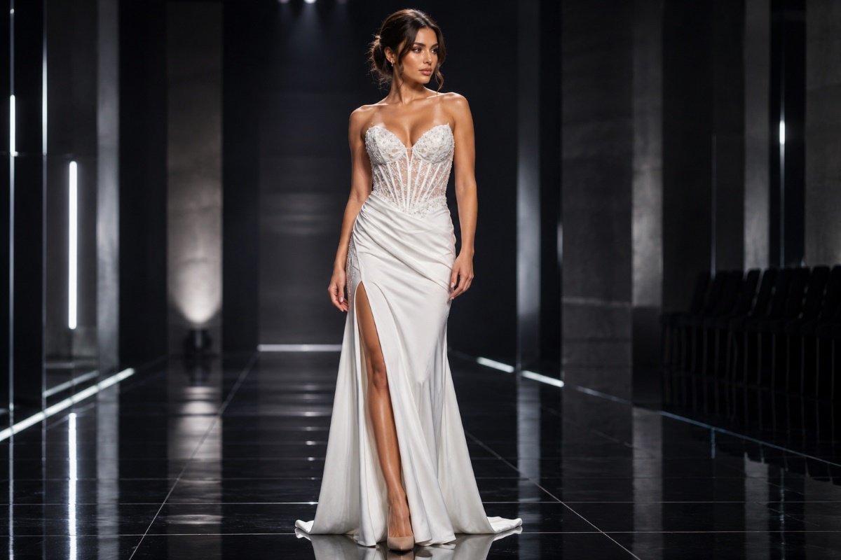 Corset evening gown with plunge neckline and slit