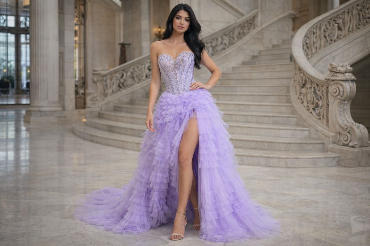 Strapless corset gown with high-low ruffled tulle skirt