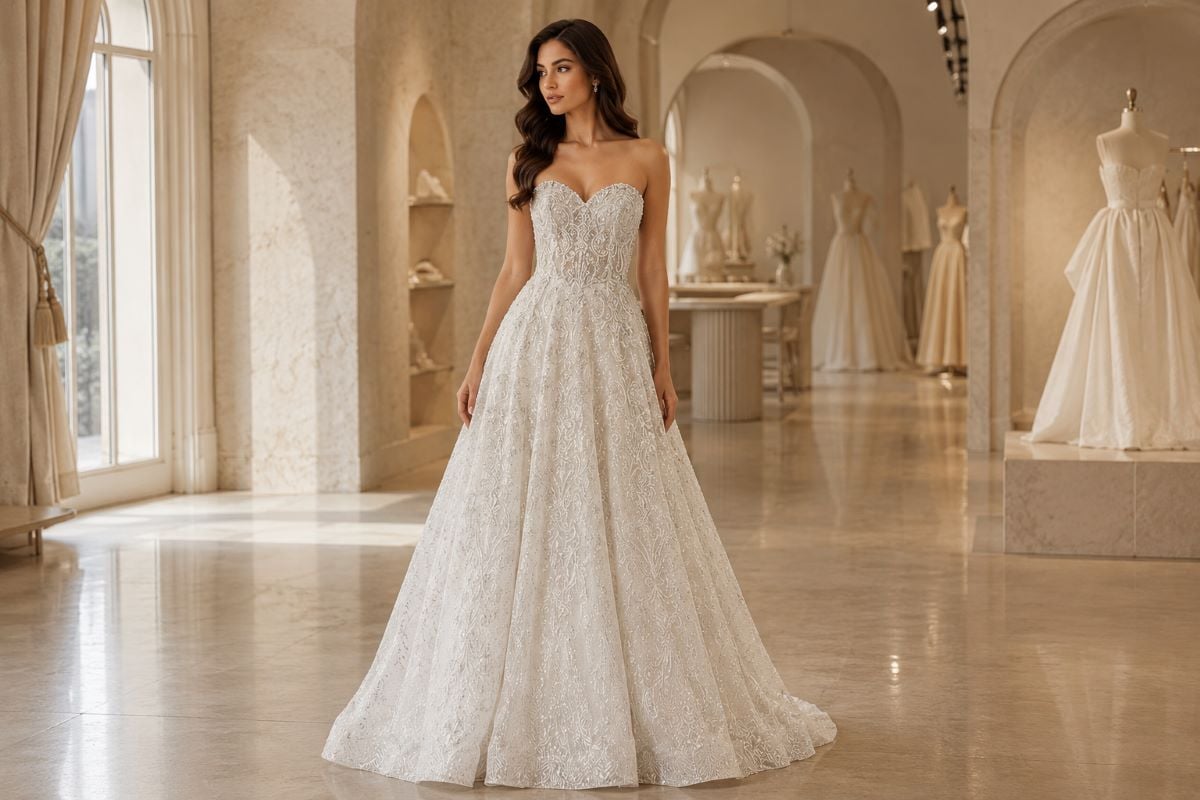 Couture A-line bridal gown with tonal beading