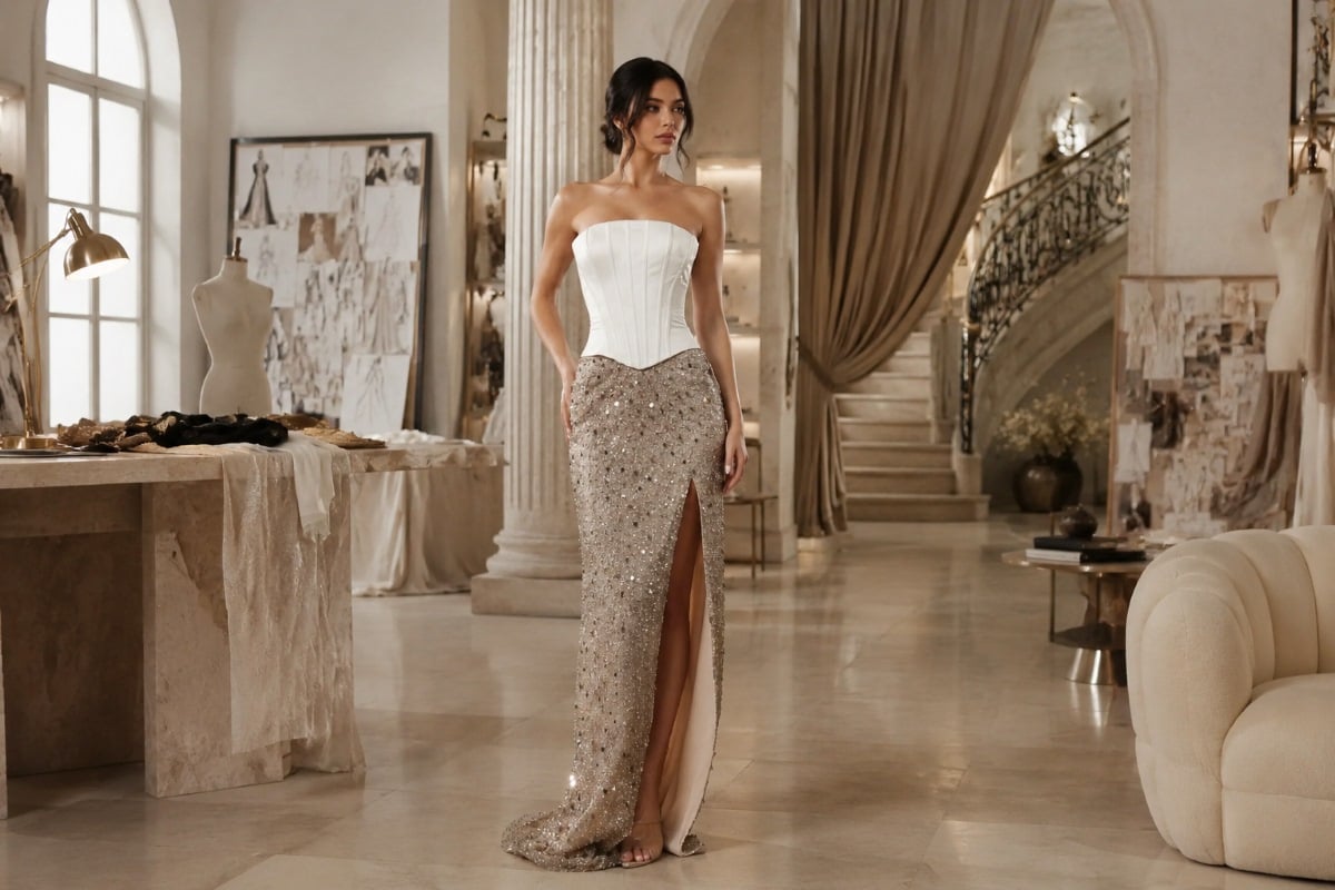 Couture corset evening gown editorial look