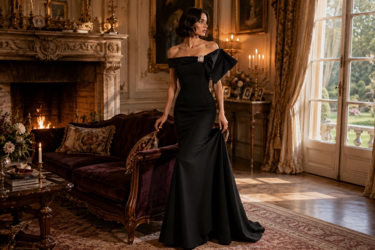 Elegant covered wedding guest mermaid gown