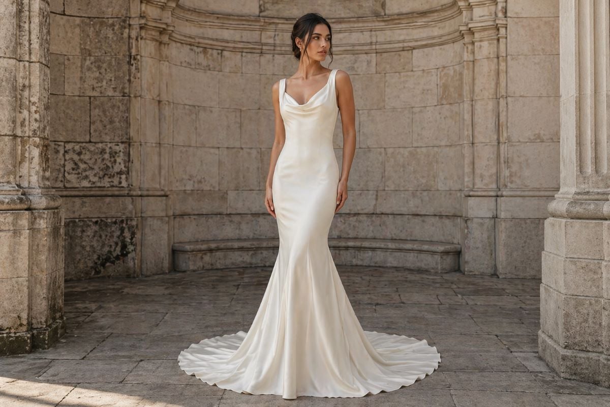 Cowl neck fitted mermaid wedding dress