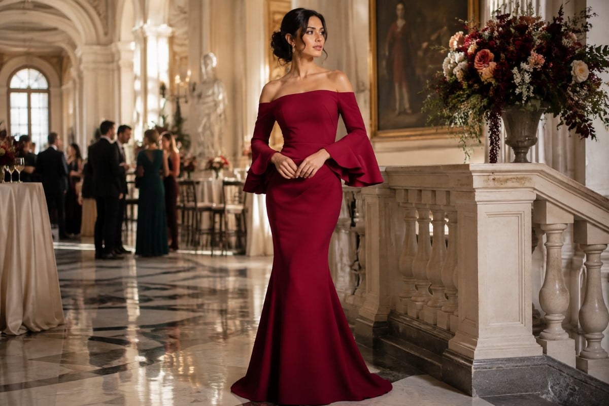 Cranberry guest dress formal editorial look
