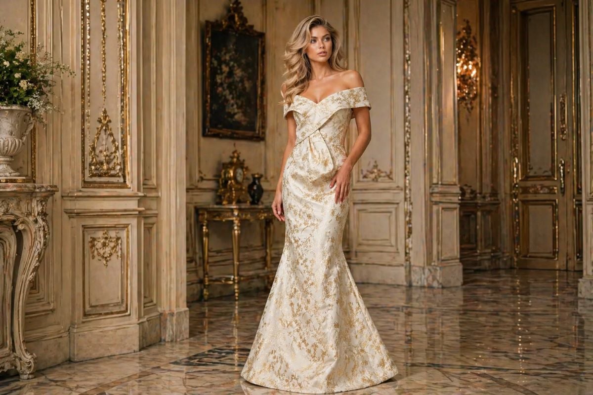 Cream off shoulder brocade mermaid gown