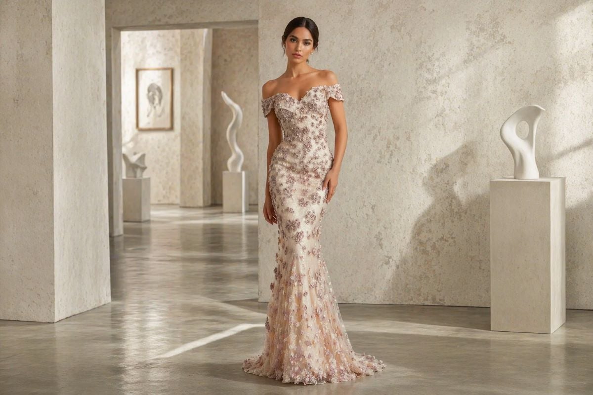 cream off-shoulder floral appliqué mermaid gown full body