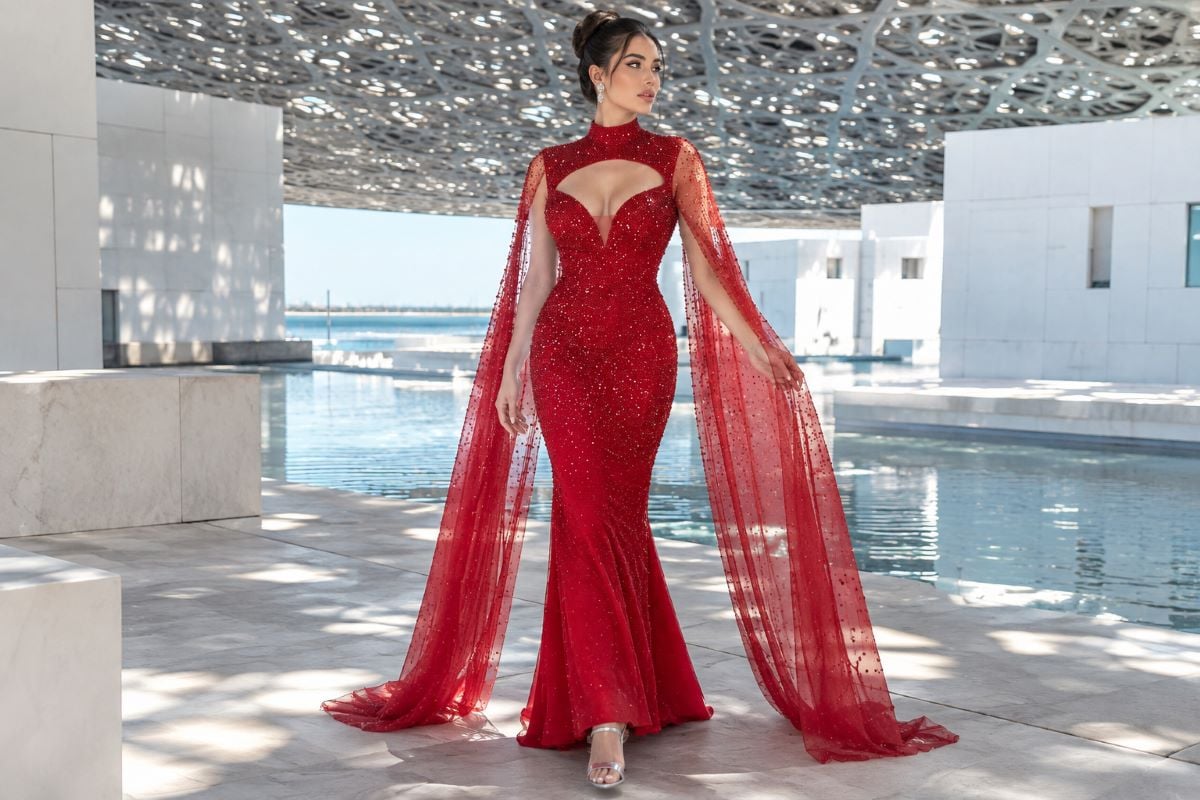 Crimson gown with silver heels editorial