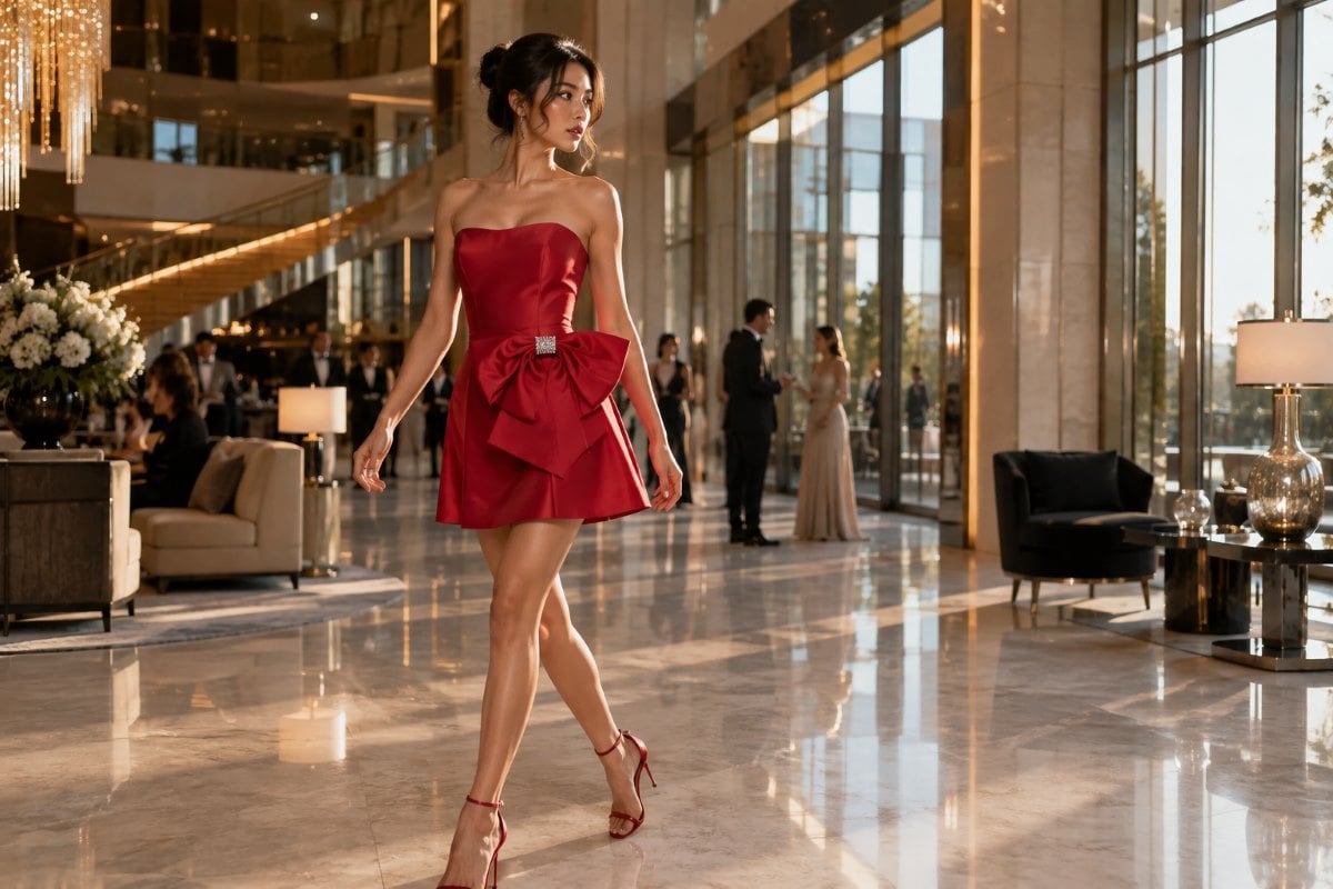 Crimson satin bow cocktail dress lighting