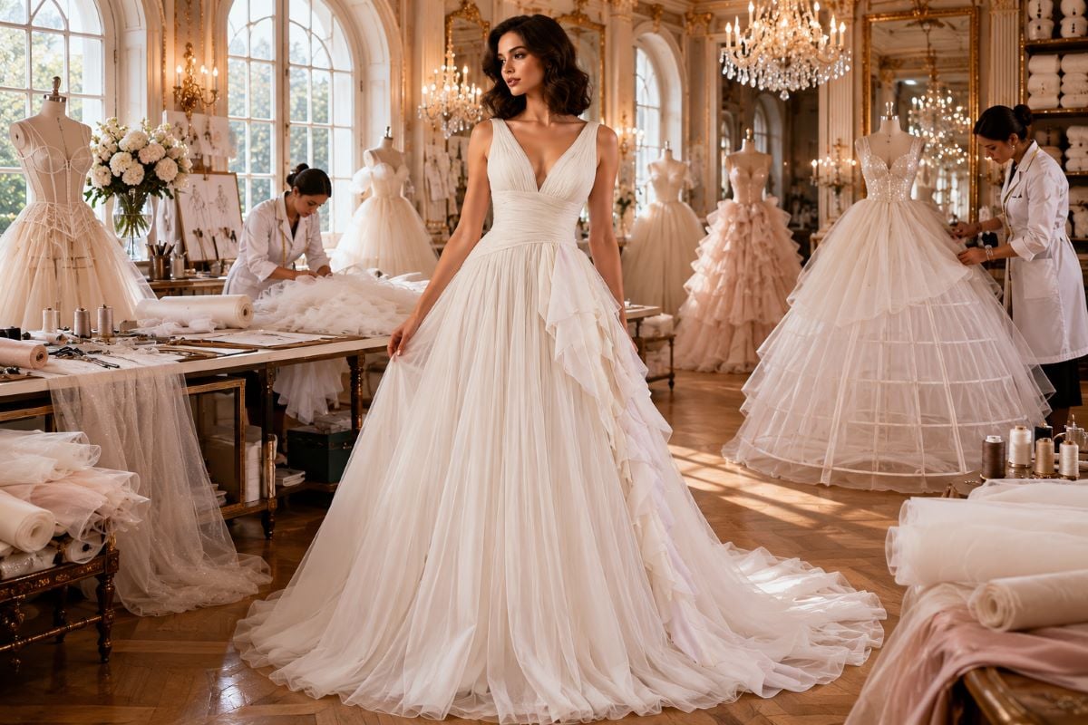 Crinoline couture ivory A-line evening gown