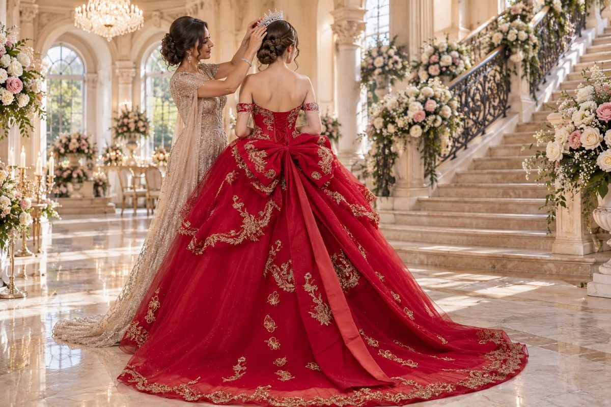 Crowned quinceanera hairstyle with red ball gown