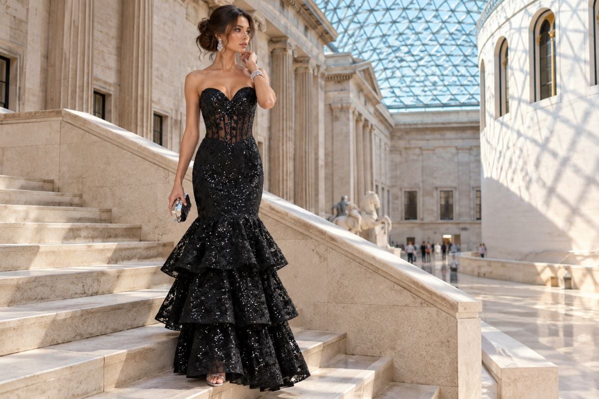 Crystal accessories with textured black prom gown