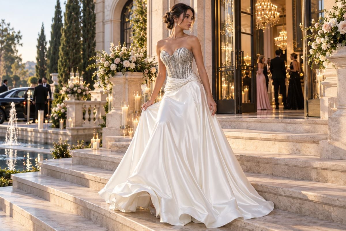 Crystal corset and satin prom gown