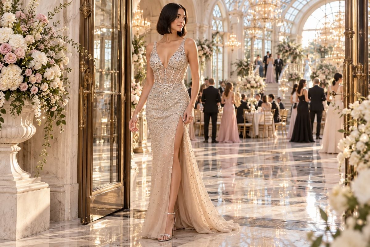 Crystal embellished nude mermaid prom gown