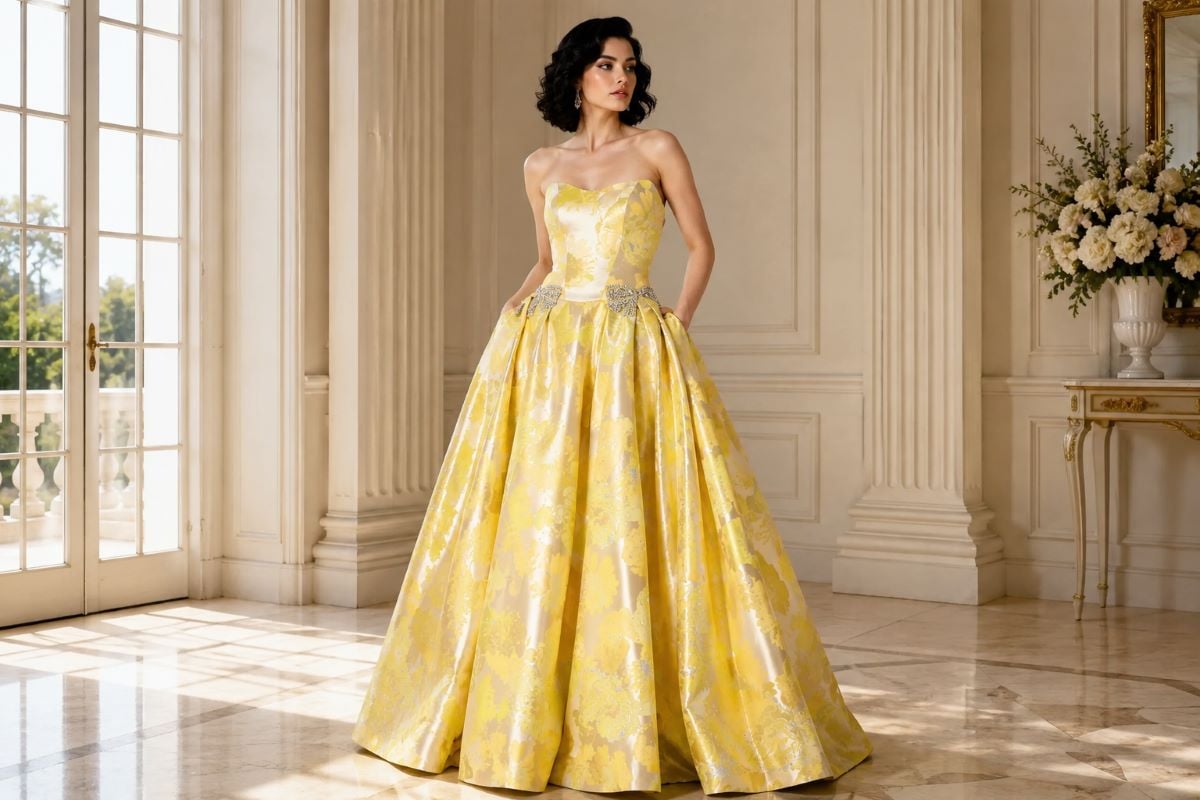 Curly black haired model in ball gown