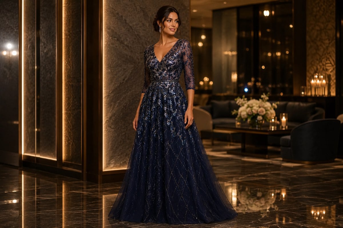 Navy embellished evening mother of the bride gown
