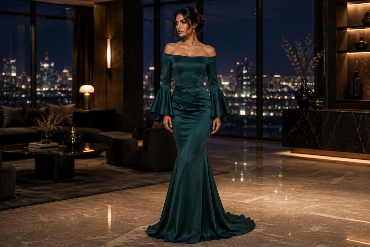 Emerald off shoulder evening mermaid dress