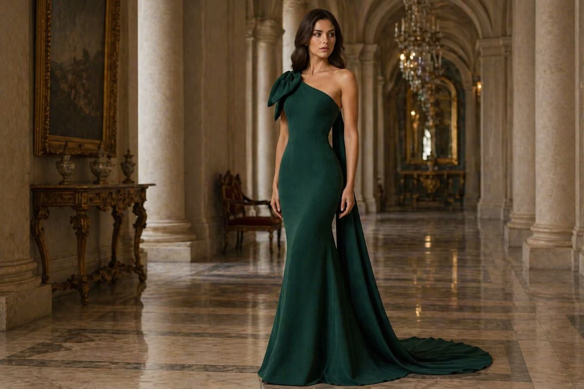 Full body dark green evening gown with train and floor-length hem