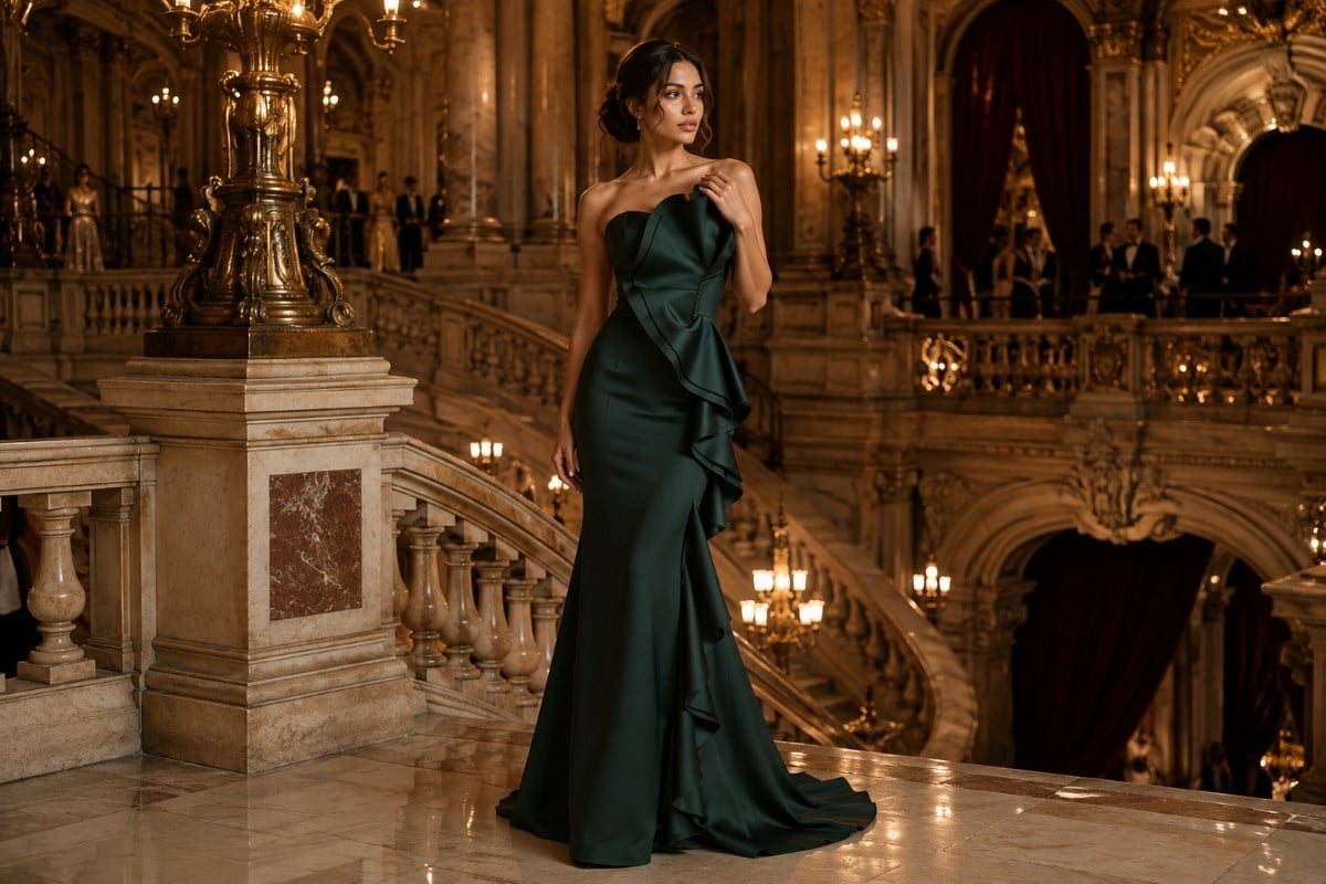 Dark green sculptural evening gown editorial