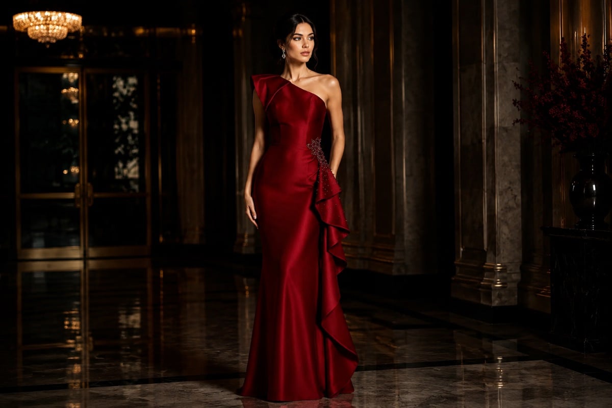 Dark red one-shoulder mermaid gown