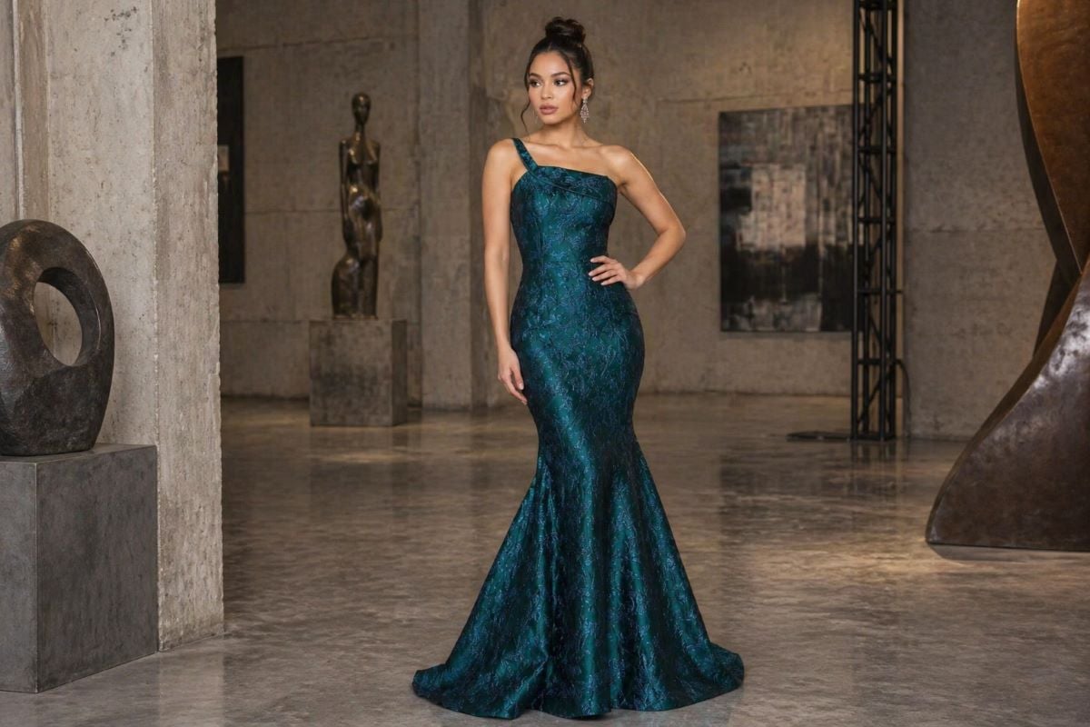 Full body dark teal mermaid evening gown with fitted hips and flared hem