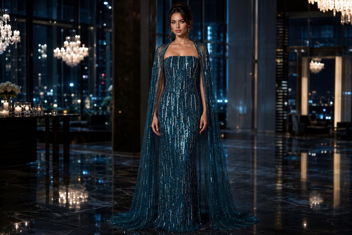 Dark teal sequined gown with cape