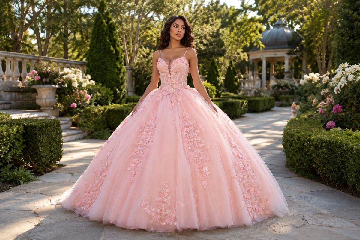 Elegant floral quinceañera ball gown in luxury garden setting
