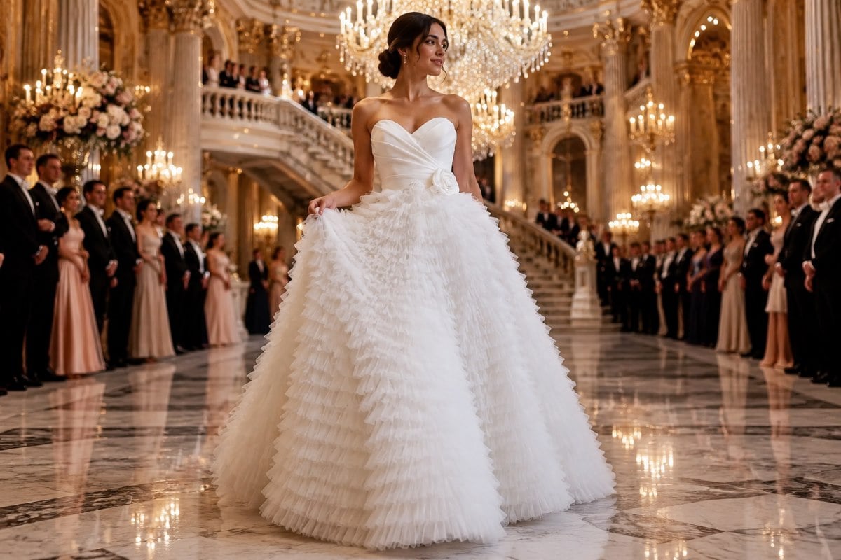 Debutante entering grand ballroom in white gown