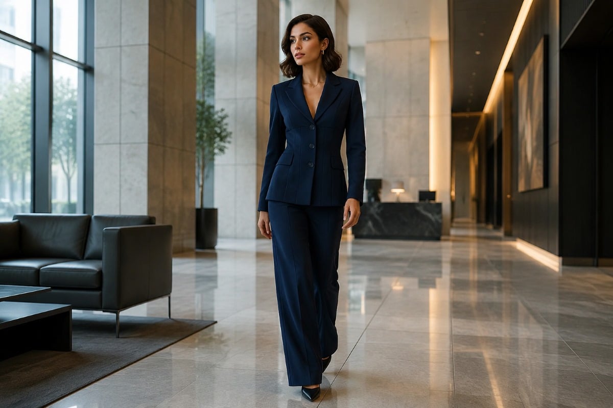 Navy tailored pantsuit in corporate lobby