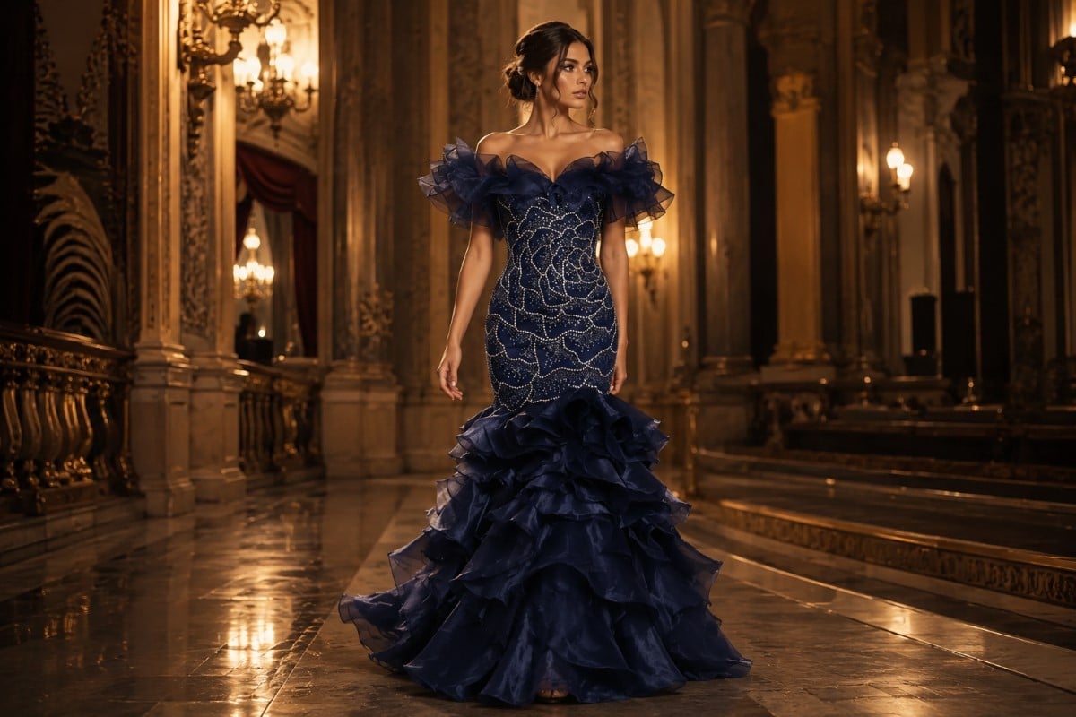 Deep navy tiered mermaid prom gown in grand theater hallway