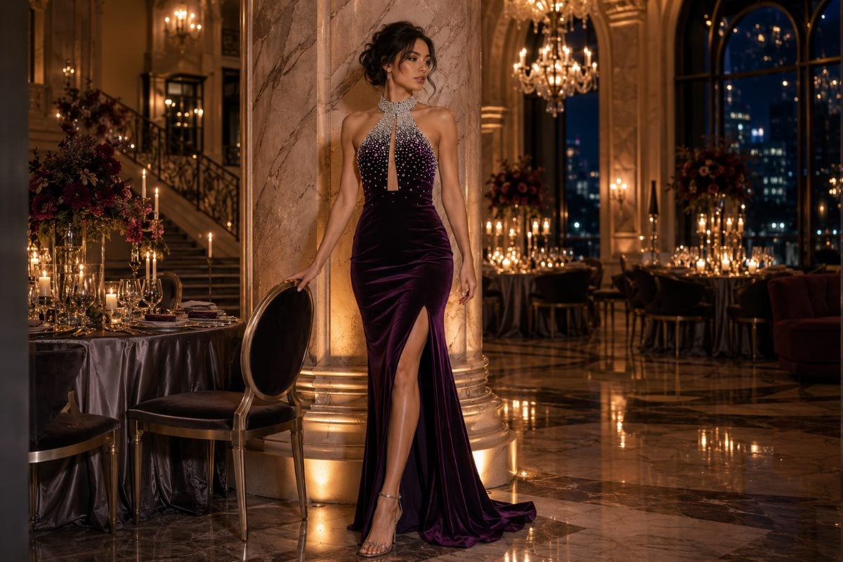 Deep plum velvet evening gown editorial