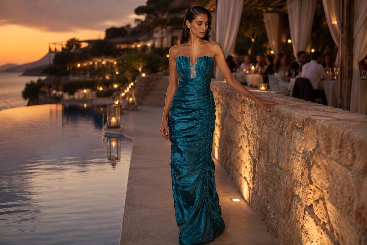 Deep teal contemporary textured wedding guest gown