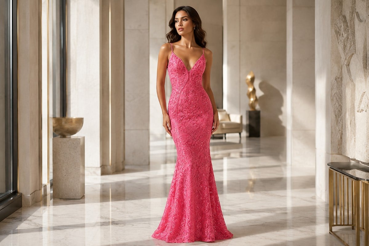 Deep V Embroidered Mermaid Evening Gown