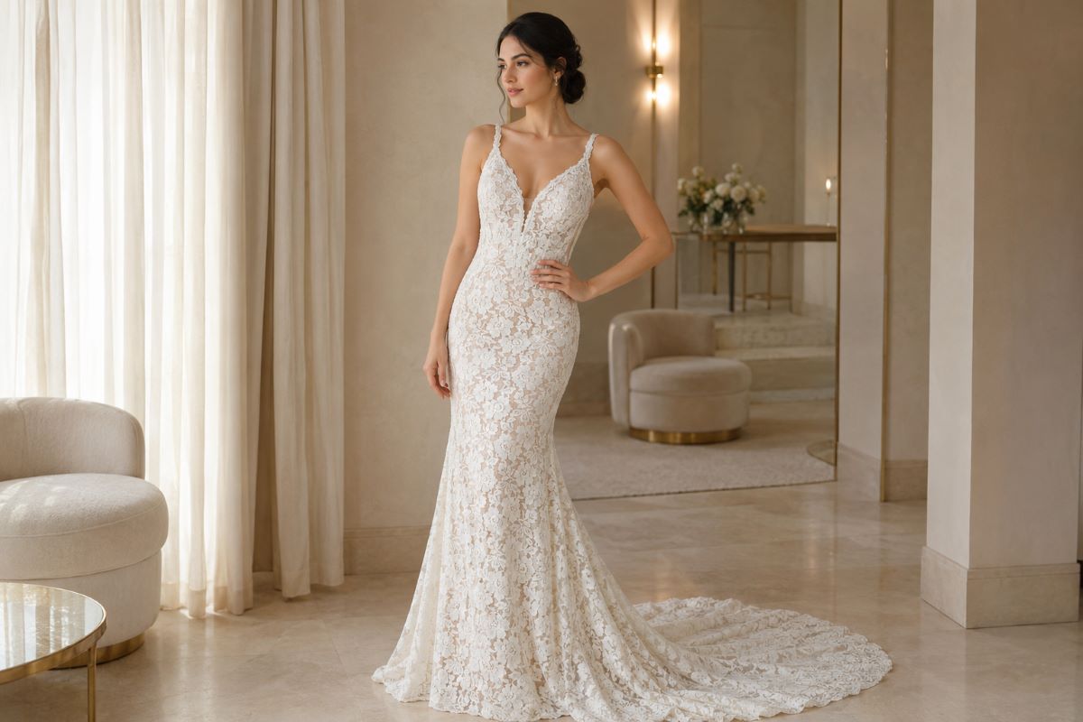 Deep V lace wedding dress with fitted mermaid silhouette