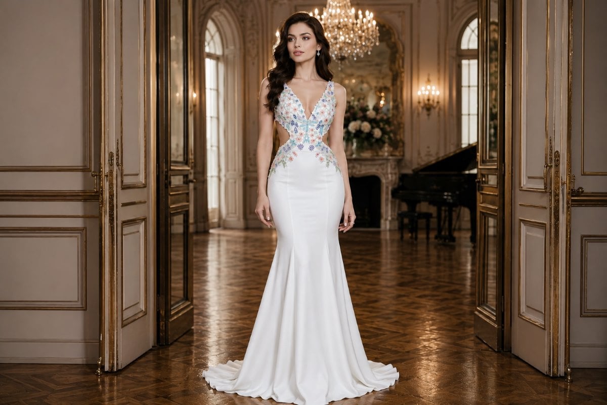 Deep V-neck embellished mermaid gown with formal waves