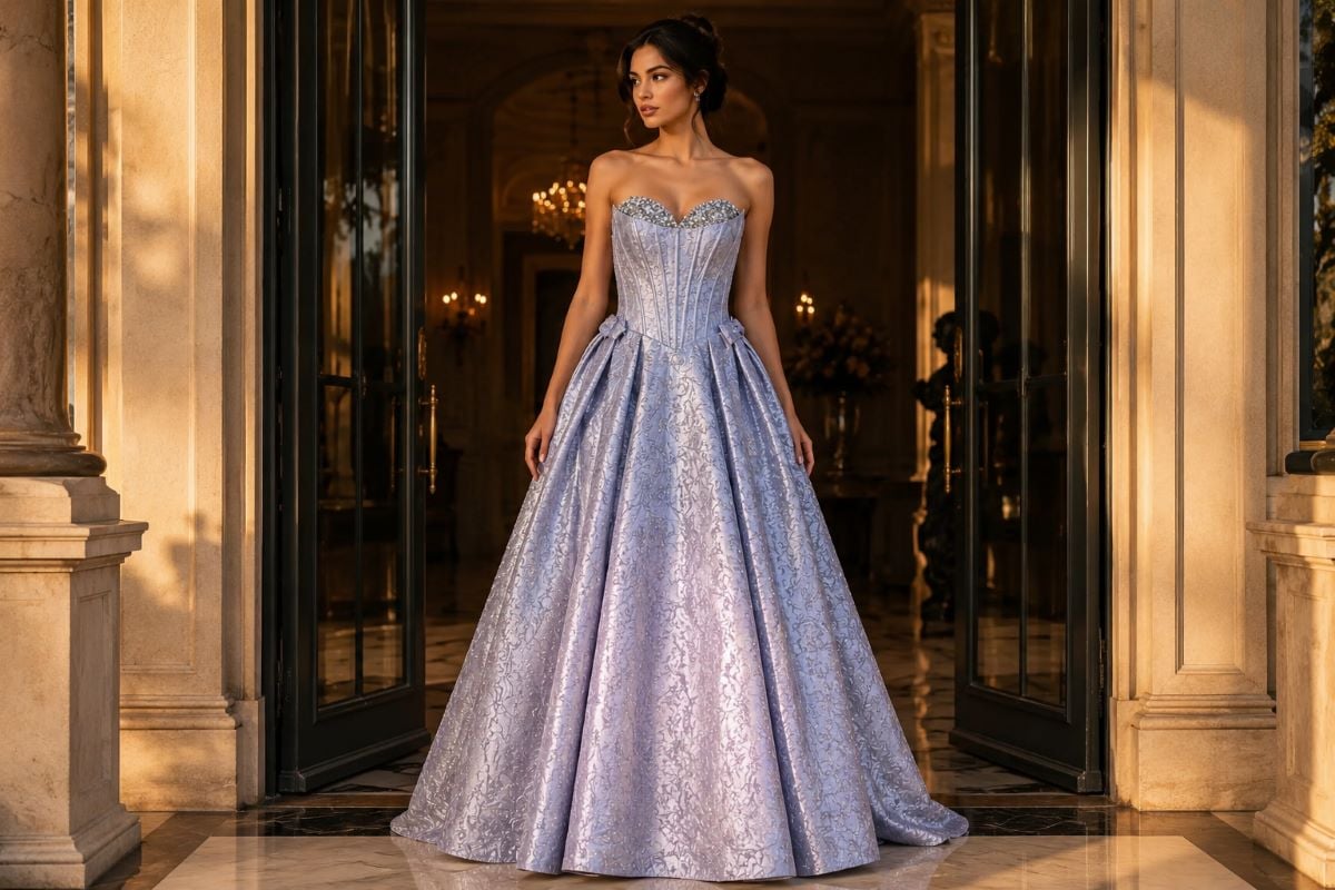 Structured jacquard couture gown with overskirt silhouette