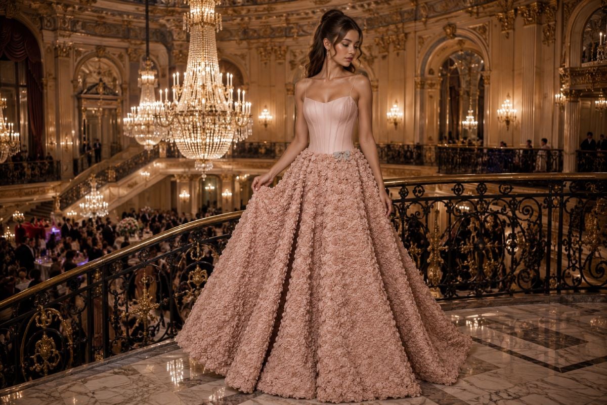Blush floral ballgown overlooking grand ballroom