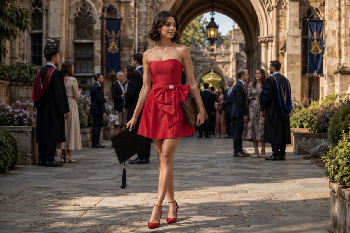 Doctoral graduate red strapless mini dress
