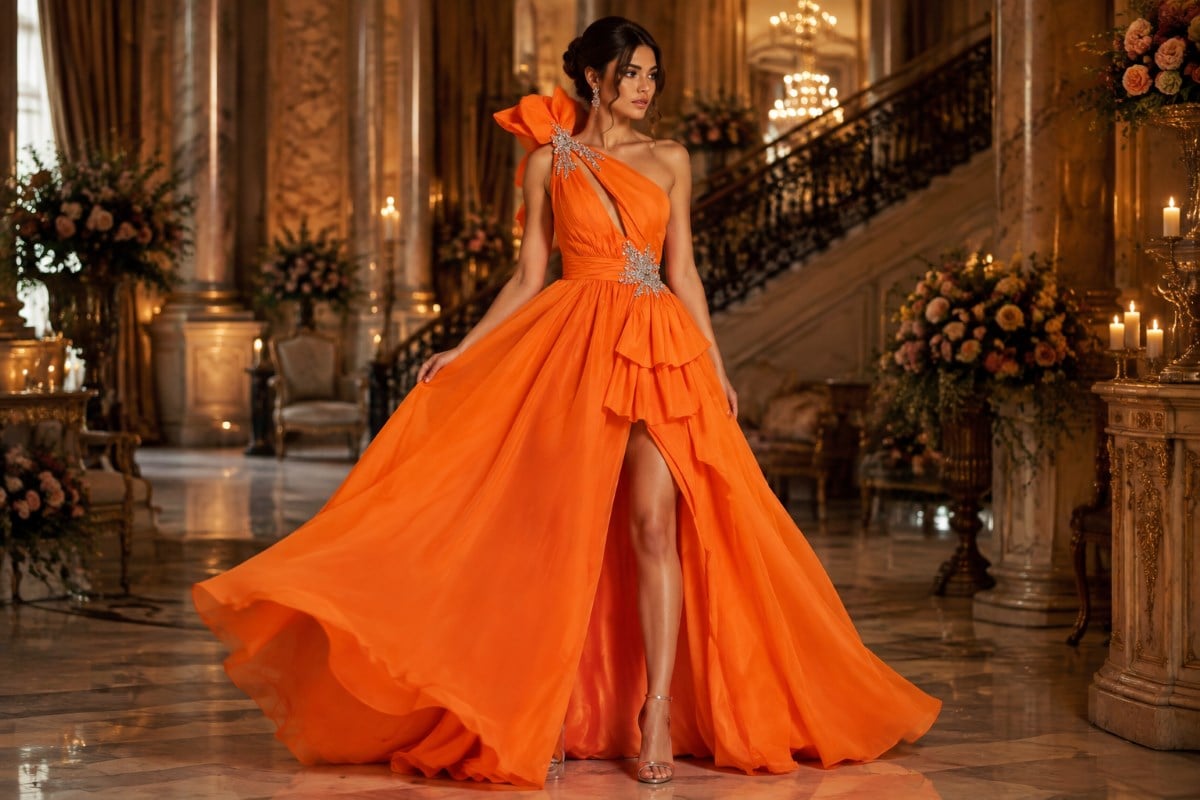 Dramatic orange ball gown prom editorial