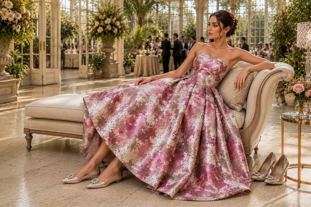 Dressy champagne flats with floral formal gown