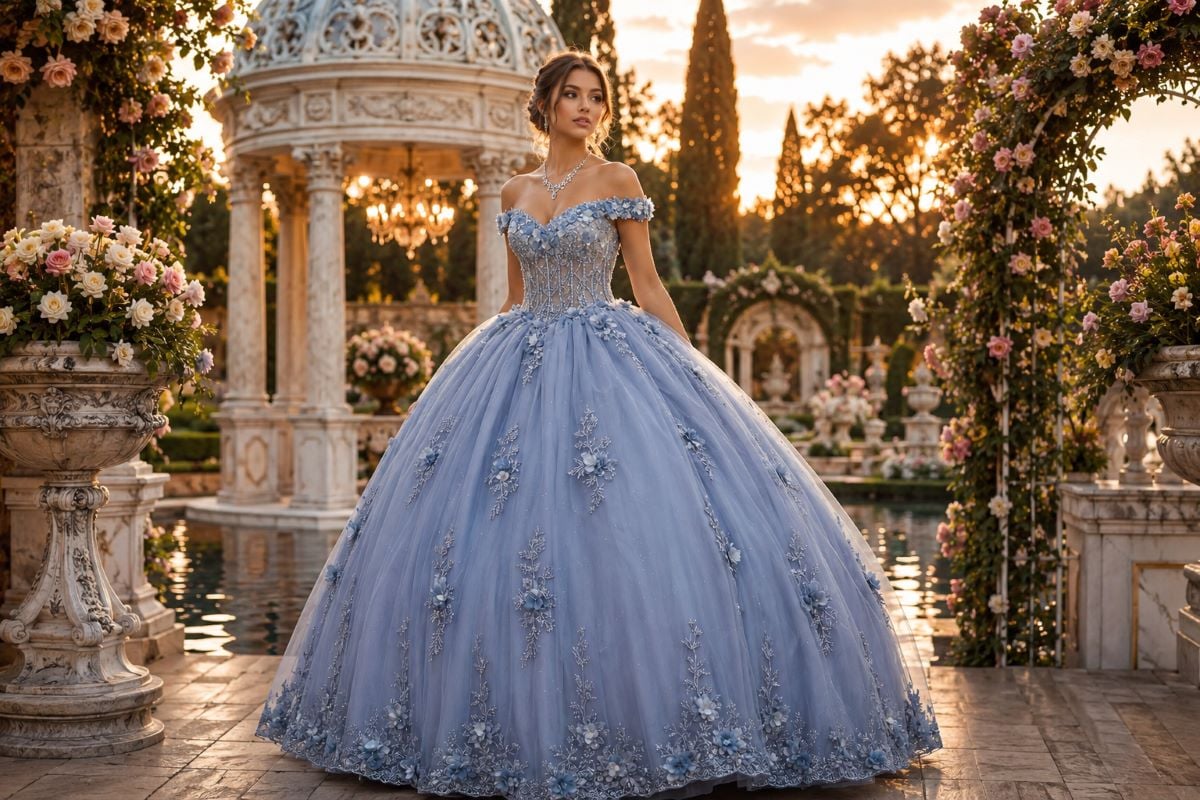 Dusty blue quinceañera gown in garden