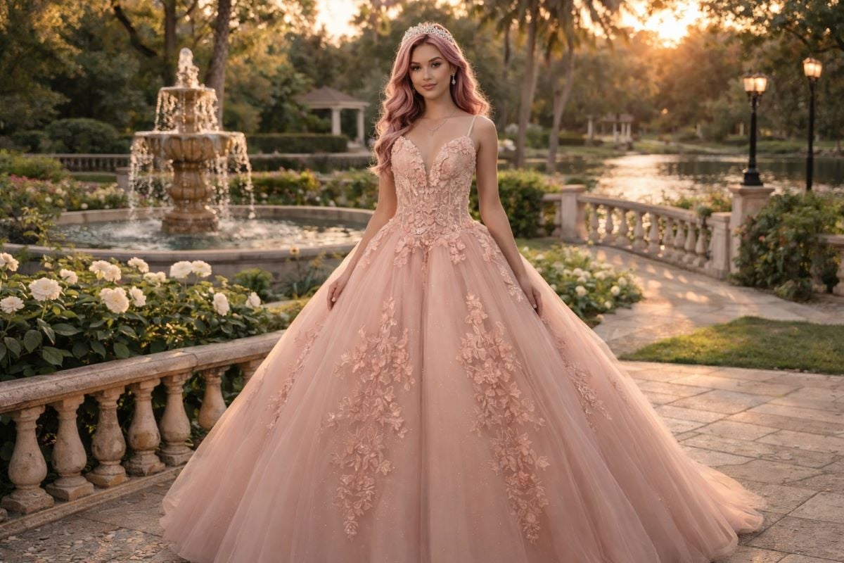 dusty blush quinceanera ball gown with floral appliqué