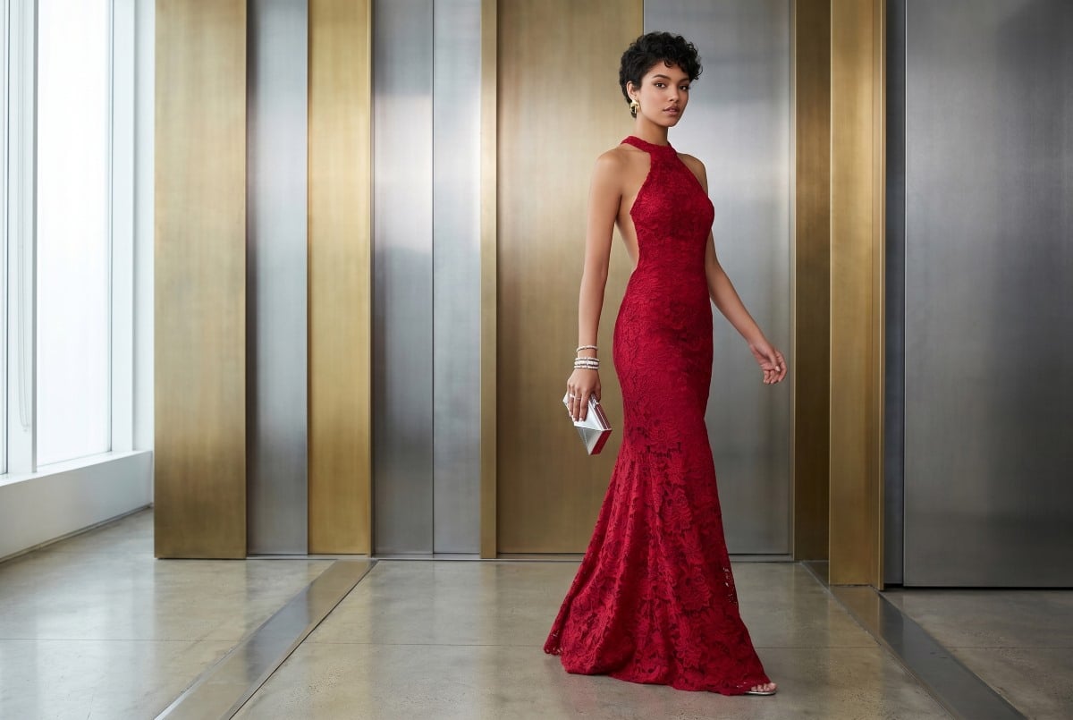 Crimson lace halter gown by metallic panels