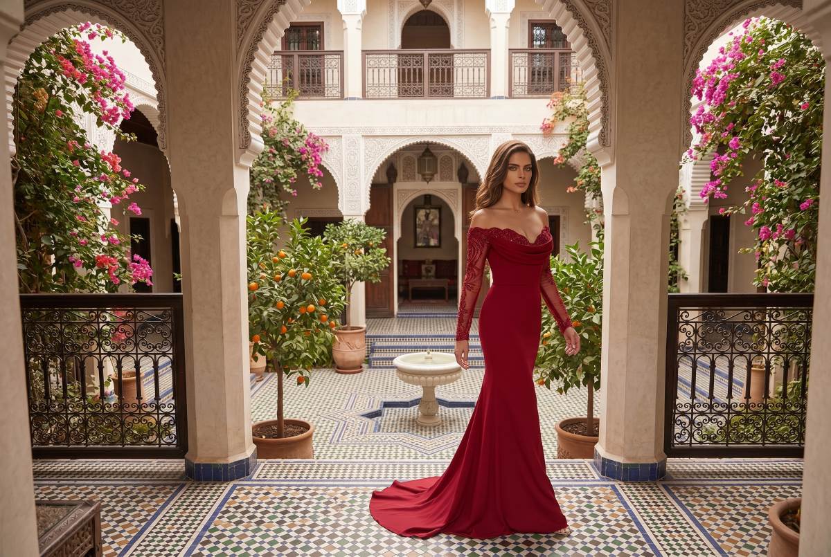 Crimson beaded off-shoulder gown in a Moroccan Riad