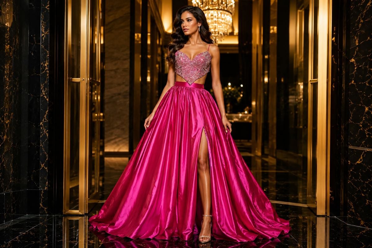 Editorial satin A-line gown with glamorous formal hairstyle