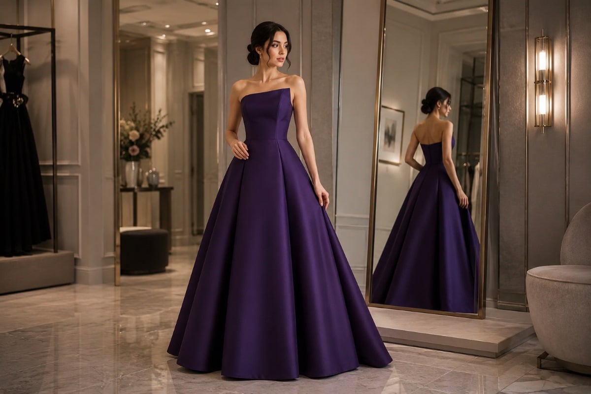 Eggplant satin ball gown with clean waistline